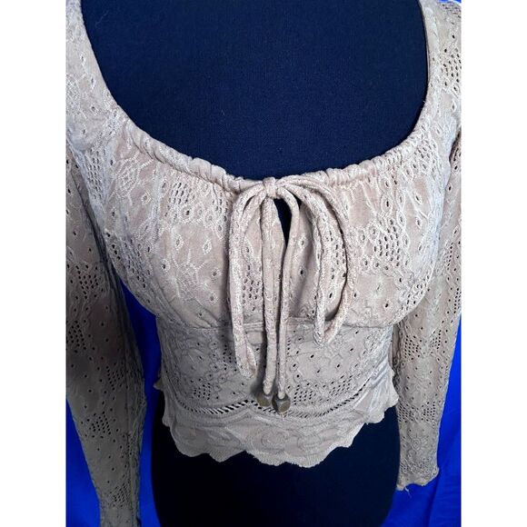 Womens Tan Milkmaid Long Sleeve Crop Top Sz S Cottagecore Peasant Ren Faire Boho - Picture 9 of 9